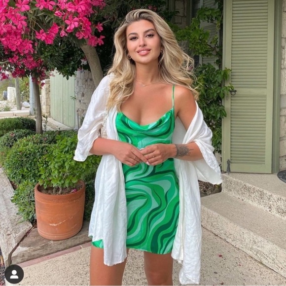 ZARA Satin Safia 70s Wavy Cowl Neck Mini Dress Green XS - Picture 1 of 8